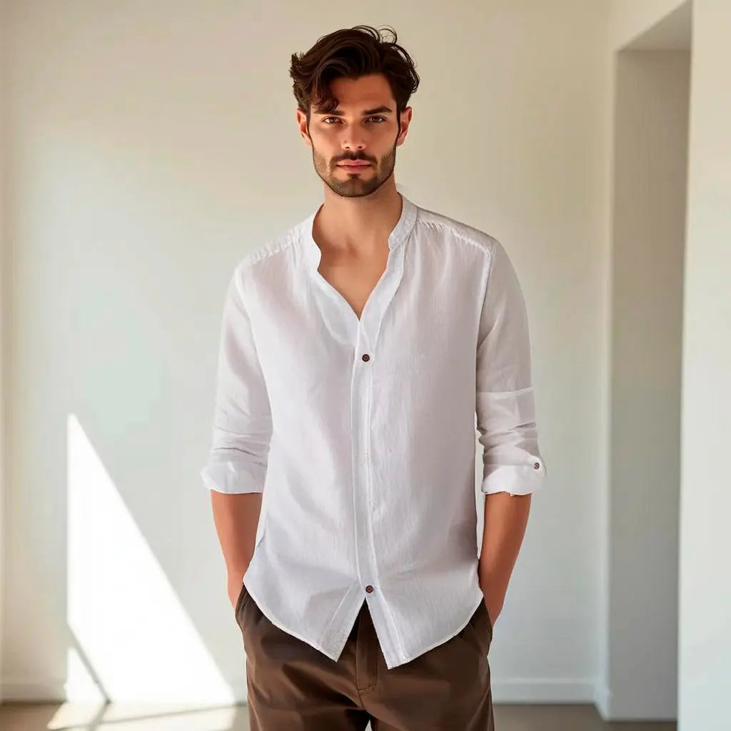 Camisa de lino Manga Larga Beige cuello en  V GOAT London