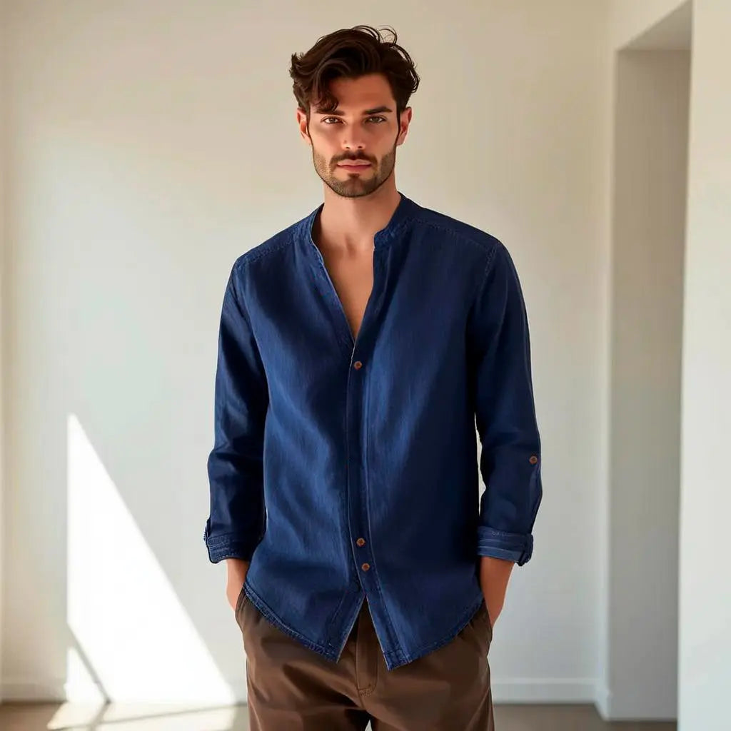 Camisa de lino Manga Larga Beige cuello en  V GOAT London