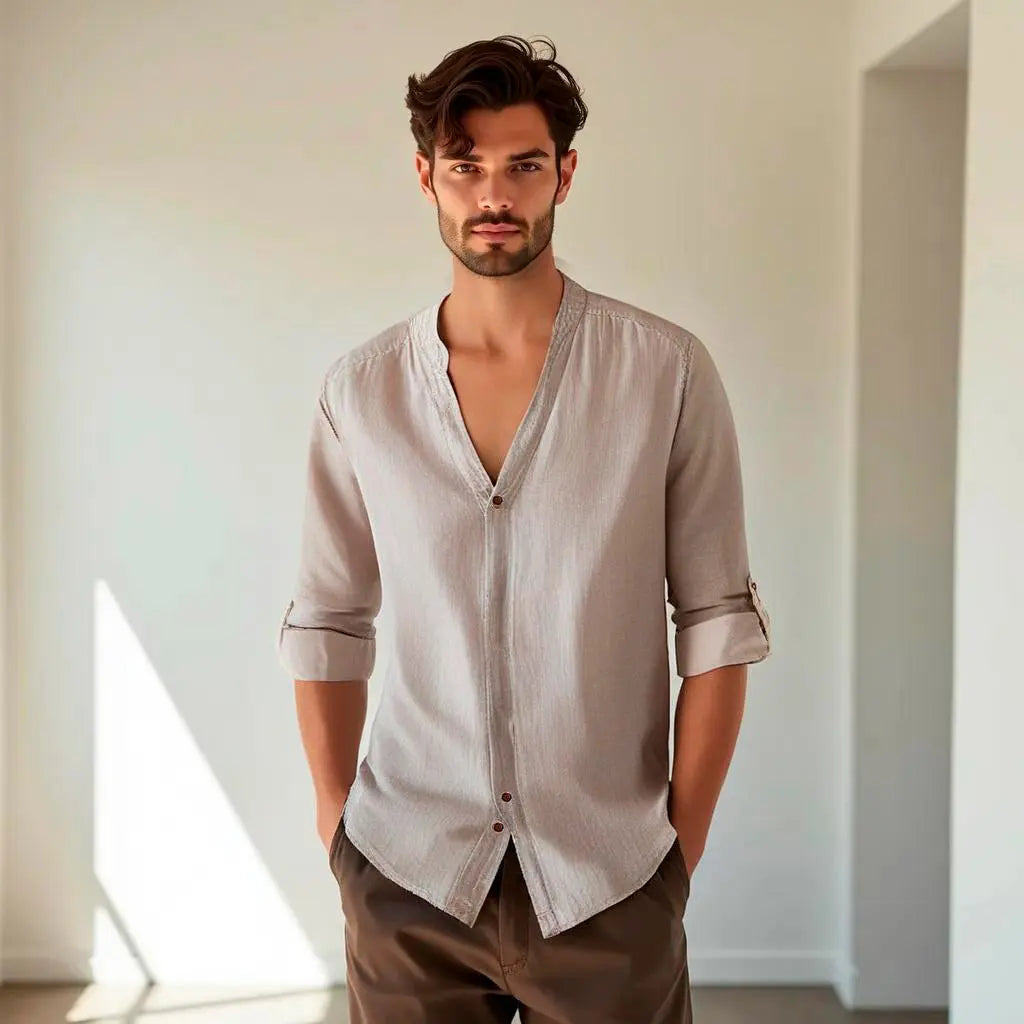 Camisa de lino Manga Larga Beige cuello en  V GOAT London