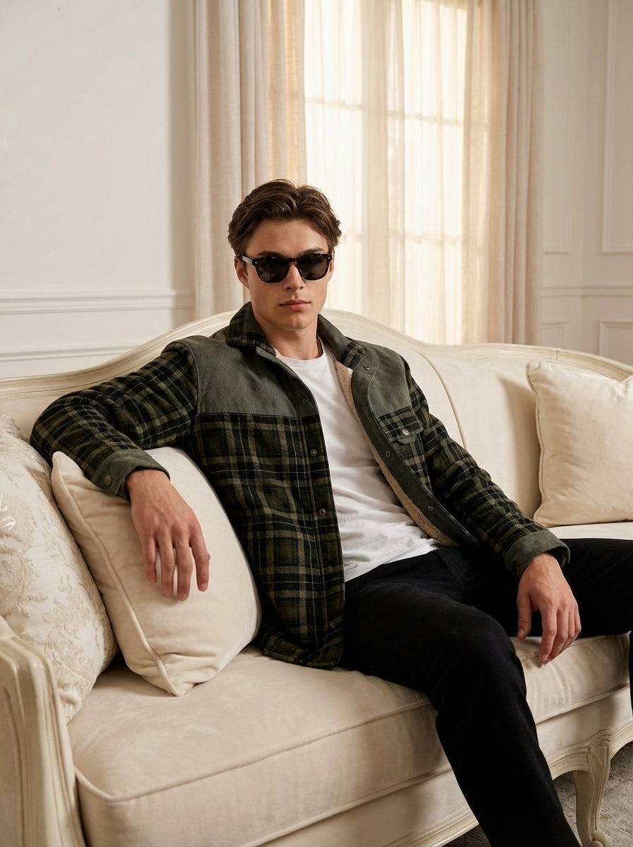 Chaqueta con corderito a cuadros Dark brown