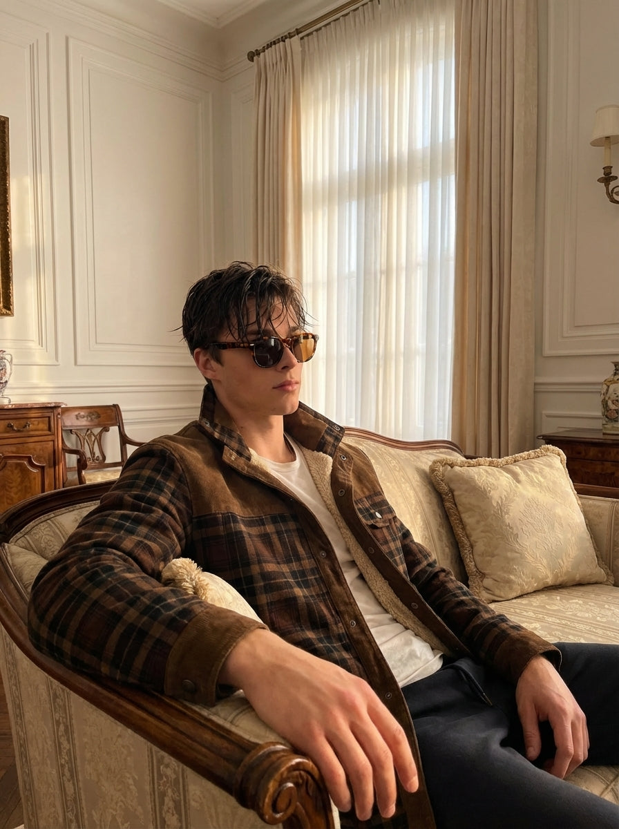 Chaqueta con corderito a cuadros Dark brown