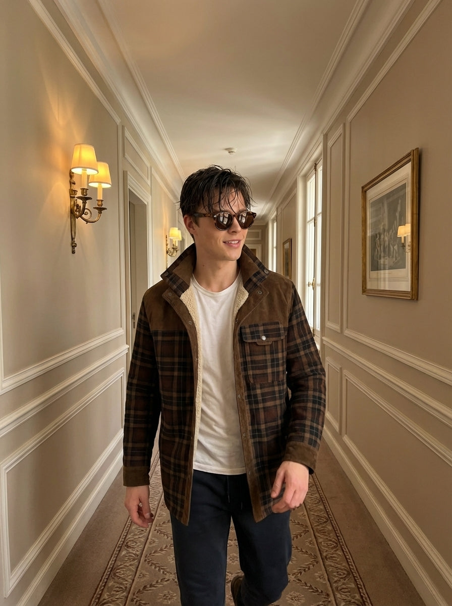 Chaqueta con corderito a cuadros Dark brown