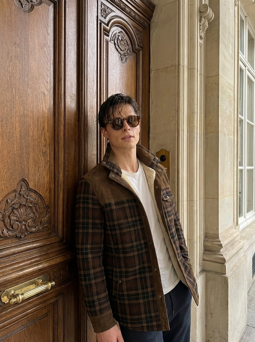Chaqueta con corderito a cuadros Dark brown